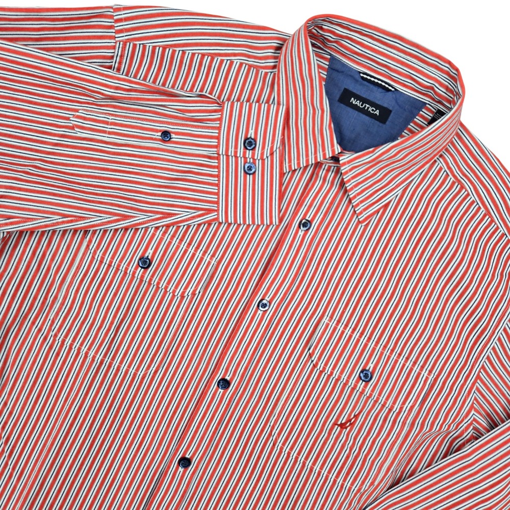 Nautica NWT Large Striped Button Up Shirt Mens Preppy Nautical Patriotic Coastal